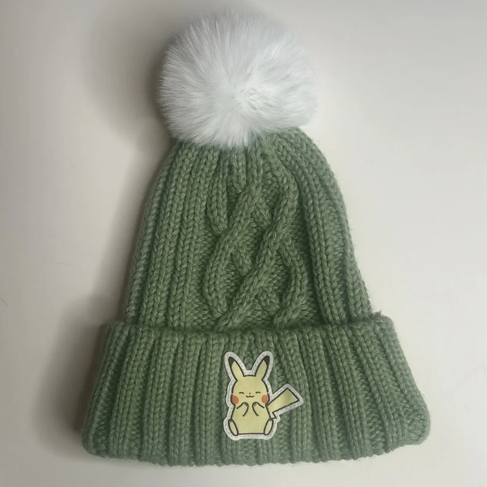 Youth Pokémon Pikachu Green and White Cable Knit Beanie with Pom Pom, Sz. OSFM